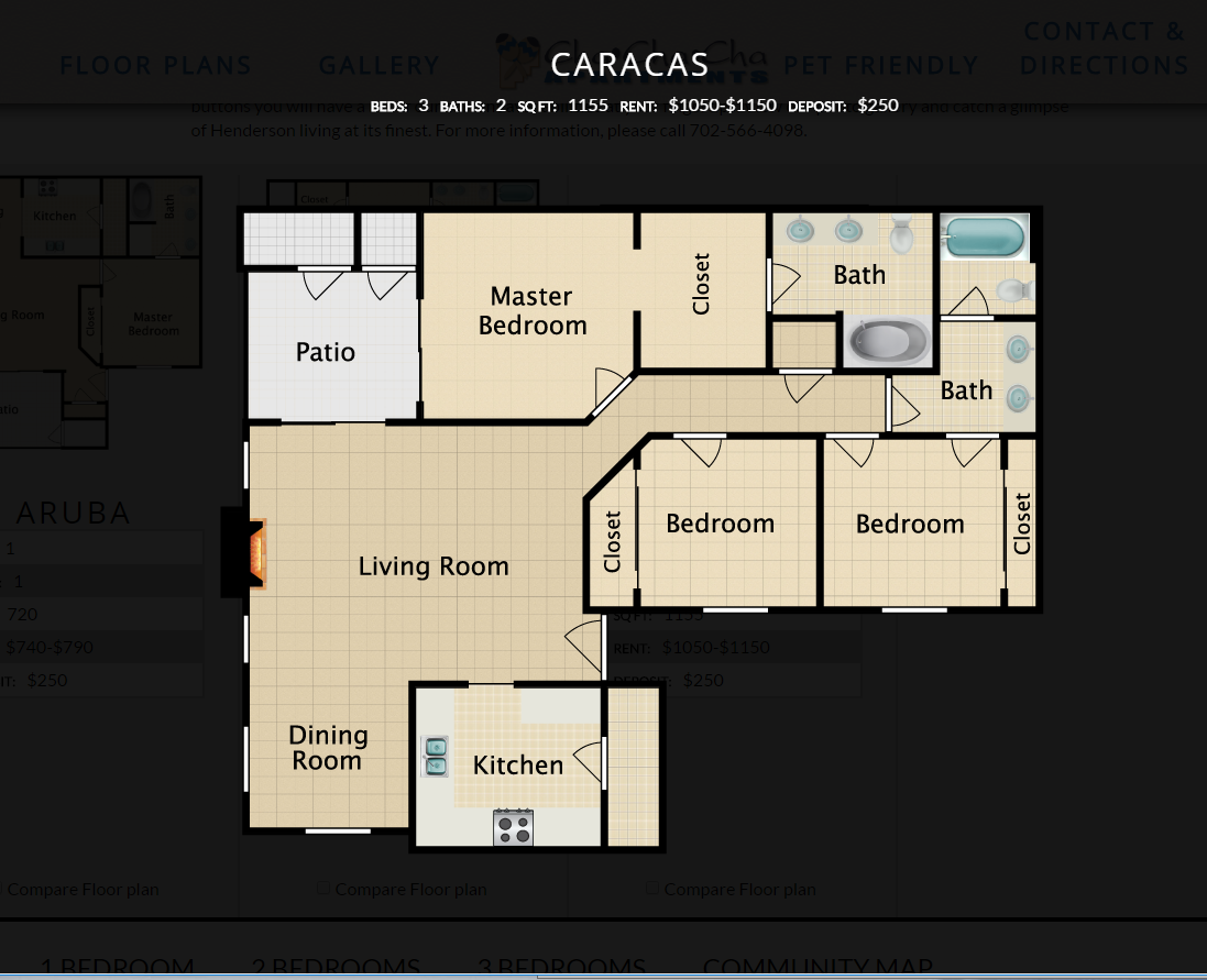 Floor plan for 3 beds, 2 baths, 1155 sqft